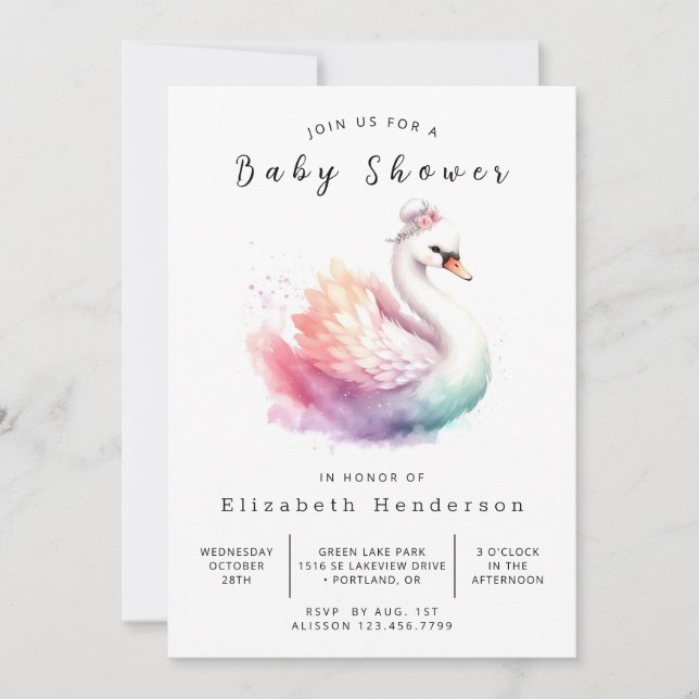 Invitation Aquarelle Baby shower de cygne imprimable (Devant)