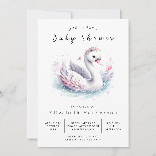 Invitation Aquarelle Baby shower de cygne imprimable (Devant)