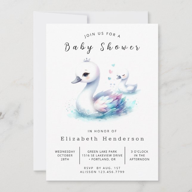 Invitation Aquarelle Baby shower de cygne personnalisé (Devant)