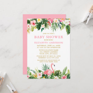 Invitation Aquarelle Baby shower de Flamant rose floral tropi