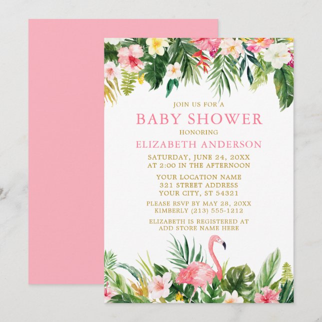 Invitation Aquarelle Baby shower de Flamant rose floral tropi (Devant / Derrière)
