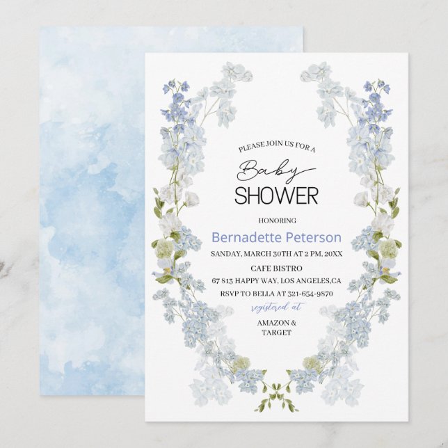 Invitation Aquarelle baby shower de fleurs bleu Delphinium (Devant / Derrière)