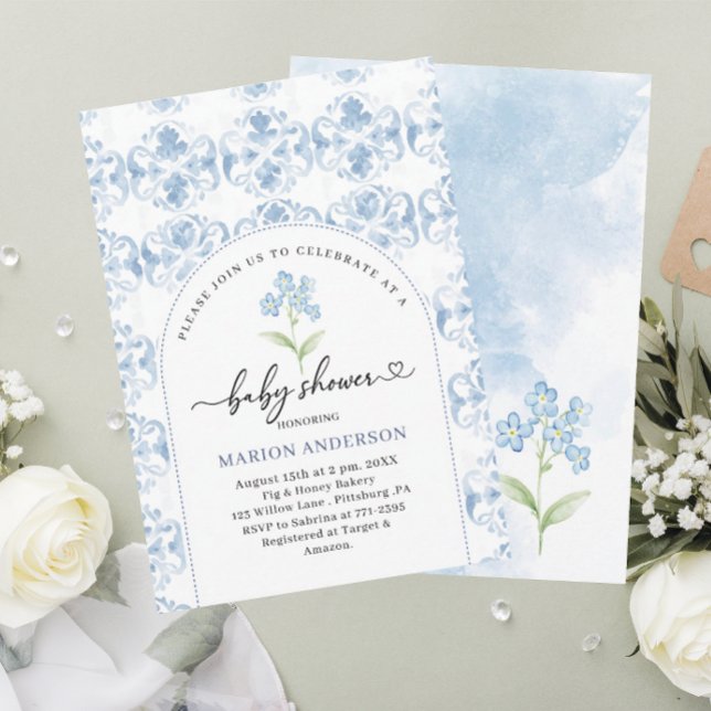 Invitation Aquarelle Baby shower de fleurs bleues (Créateur téléchargé)