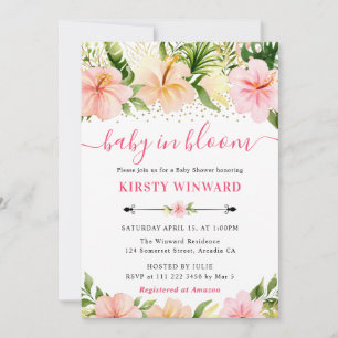 Invitation Aquarelle Baby shower de fleurs rose tropicale