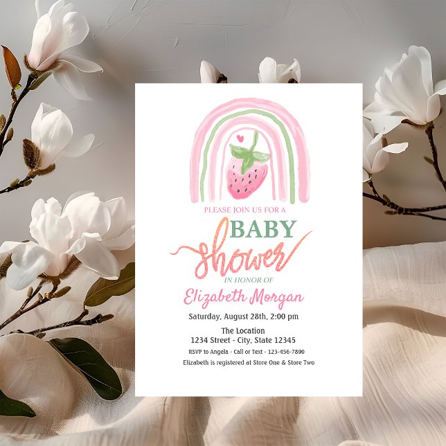 Invitation Aquarelle Baby shower de fraises arc-en-ciel (Créateur téléchargé)