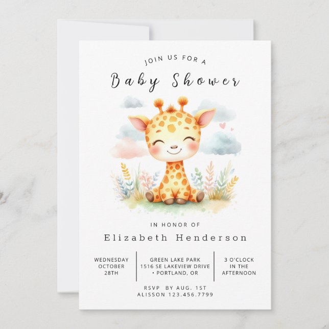 Invitation Aquarelle Baby shower de girafe imprimable (Devant)