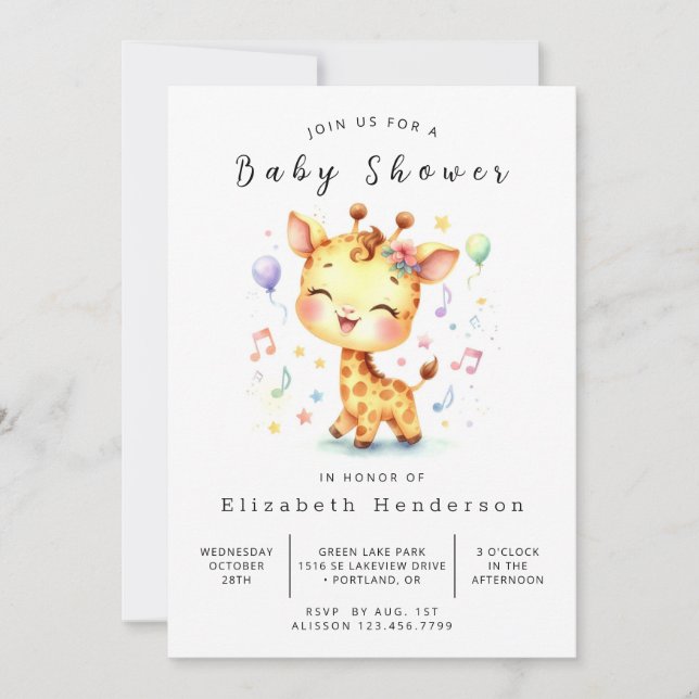 Invitation Aquarelle Baby shower de girafe imprimable (Devant)