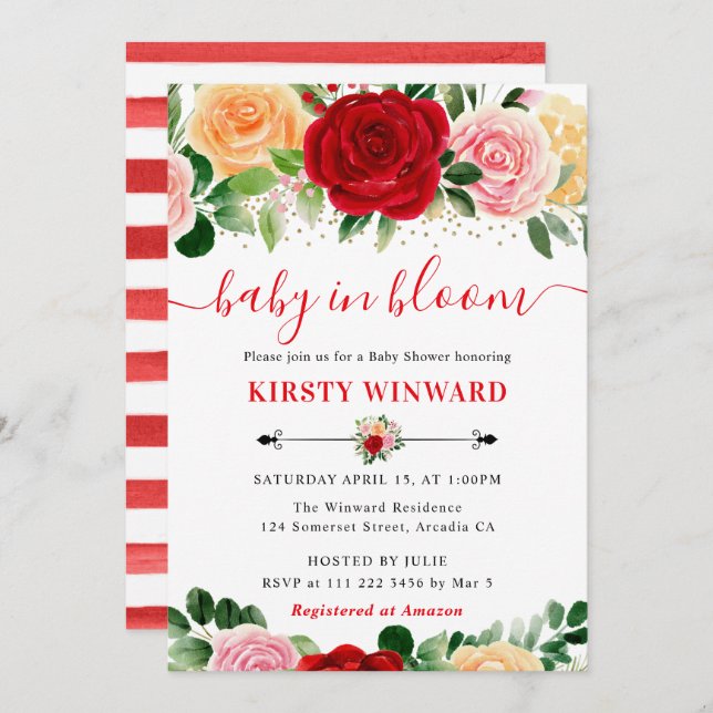 Invitation Aquarelle Baby shower de roses rouge et jaune (Devant / Derrière)