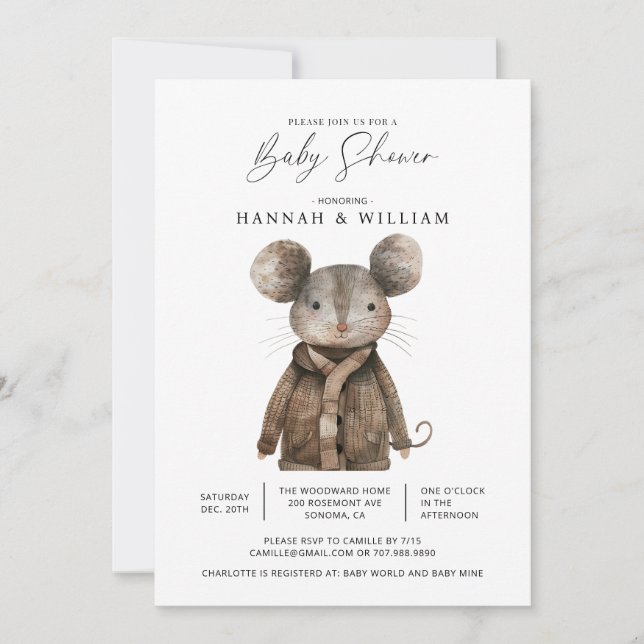 Invitation Aquarelle Baby shower de souris d'animaux de bois (Devant)