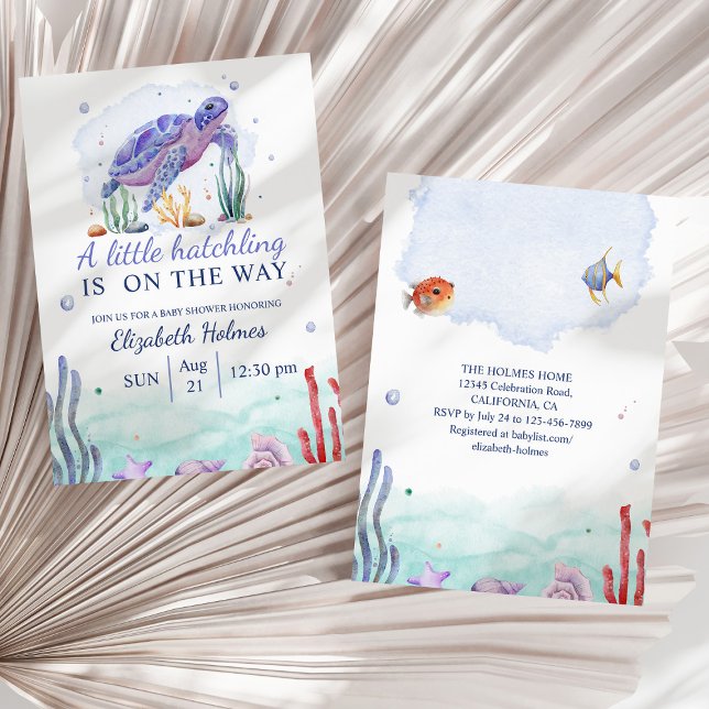 Invitation Aquarelle Baby shower de tortue marine (Watercolor Nautical Turtle Baby Shower Invitation on a sunny white dry palm leaf.)