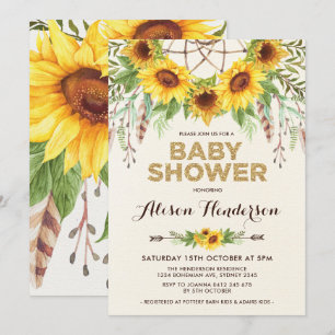 Invitation Aquarelle Baby shower de tournesol Bohème rustique