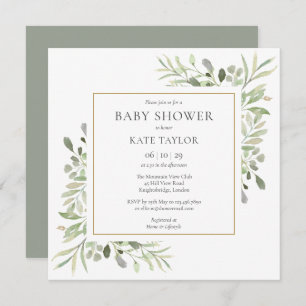 Invitation Aquarelle Baby shower de verdure or   Saupoudrer