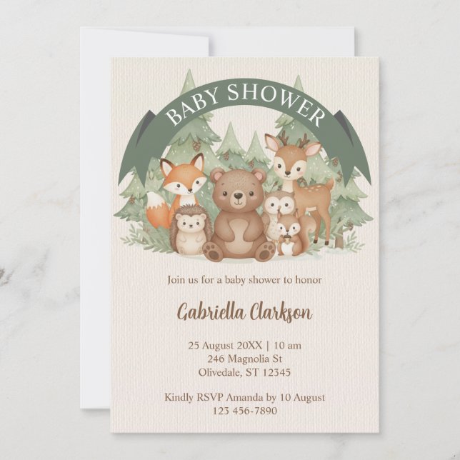 Invitation Aquarelle Baby shower des animaux de bois (Devant)