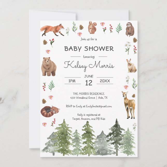 Invitation Aquarelle Baby shower des animaux de la forêt de b (Devant)
