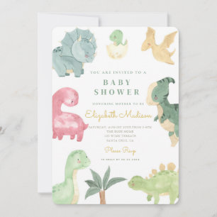 Invitation Aquarelle Baby shower Dinosaures doux