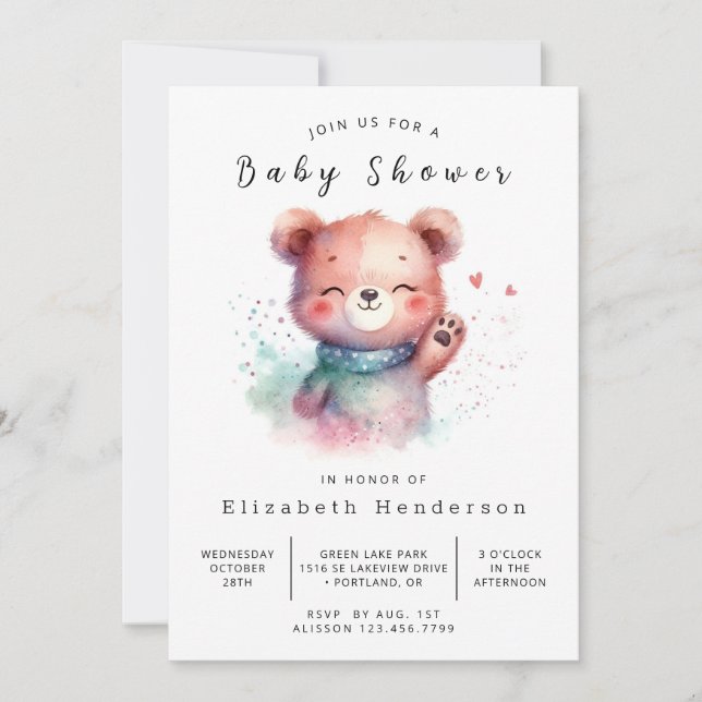 Invitation Aquarelle Baby shower d'ours de bois (Devant)