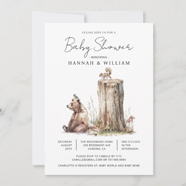 Invitation Aquarelle Baby shower d'ours de bois (Devant)