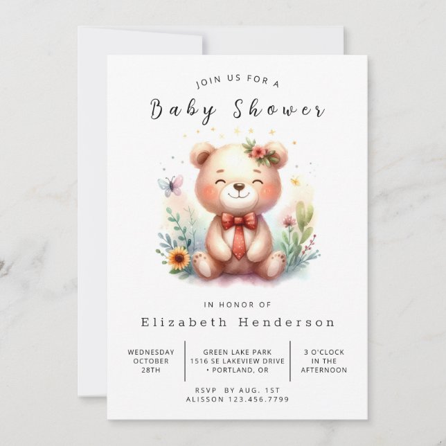 Invitation Aquarelle Baby shower d'ours imprimable (Devant)