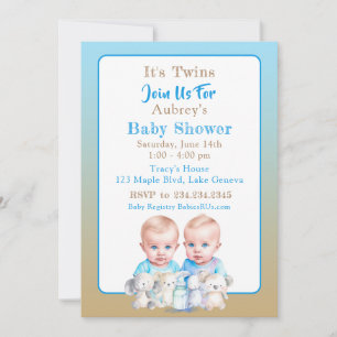 Invitation Aquarelle Baby shower du garçon Twin Animaux