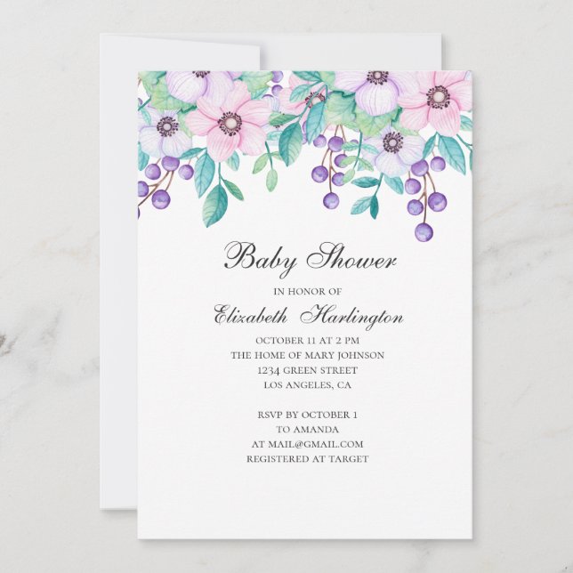 Invitation Aquarelle baby shower fleuri violet et rose (Devant)