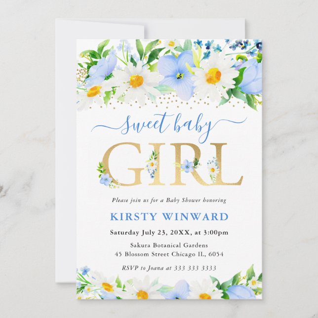 Invitation Aquarelle Baby shower Fleurs et marguerites bleues (Devant)