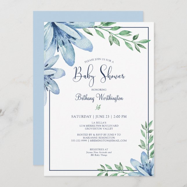 Invitation Aquarelle Baby shower Floral bleu (Devant / Derrière)
