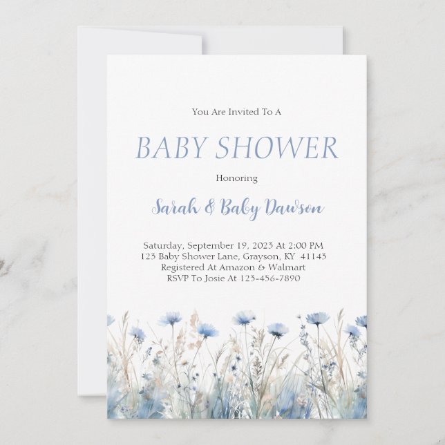 Invitation Aquarelle Baby shower floral bleu foncé (Devant)