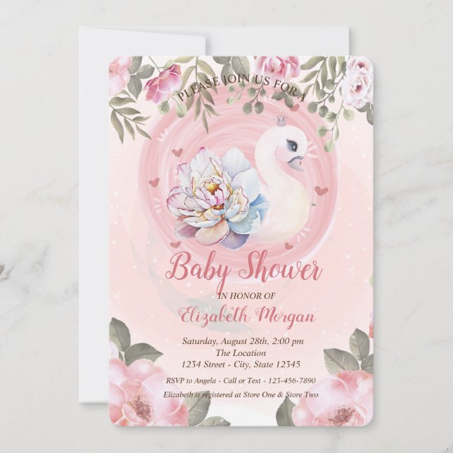 Invitation Aquarelle Baby shower floral de cygne bébé (Devant)