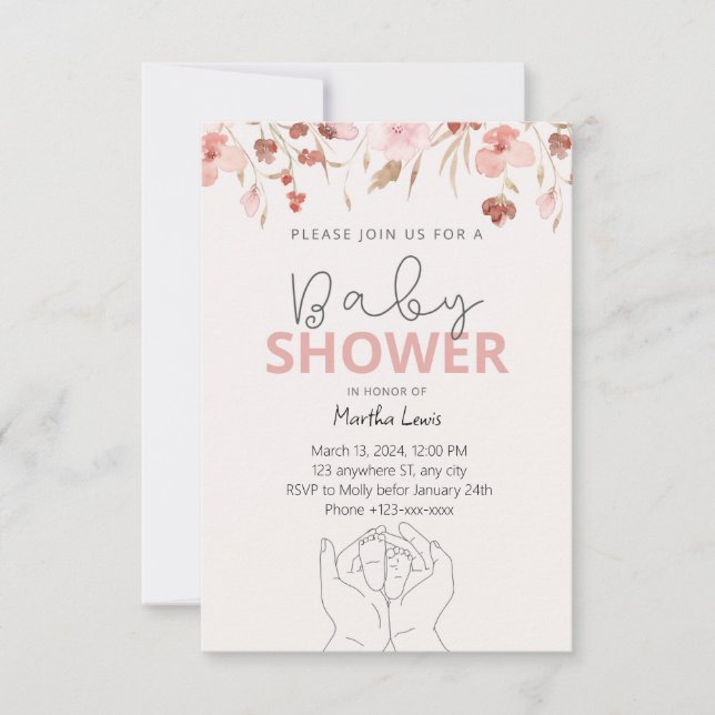 Invitation Aquarelle Baby shower rose (Devant)