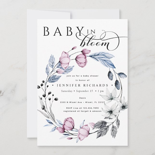 Invitation Aquarelle Baby shower rose et bleu Fleurs (Devant)