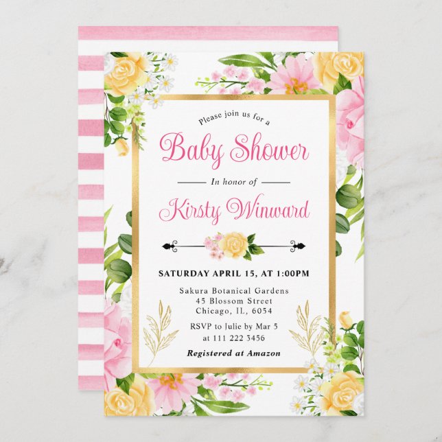 Invitation Aquarelle Baby shower rose et jaune Fleurs (Devant / Derrière)
