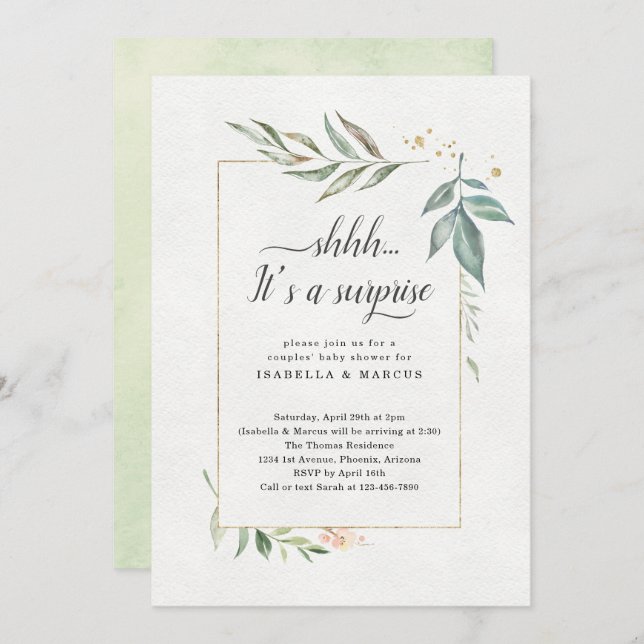 Invitation Aquarelle Baby shower surprise Couples Floral (Devant / Derrière)
