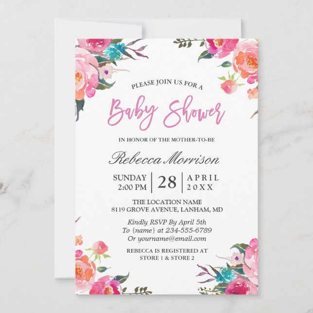 Invitation Aquarelle Baby shower végétal floral (Devant)