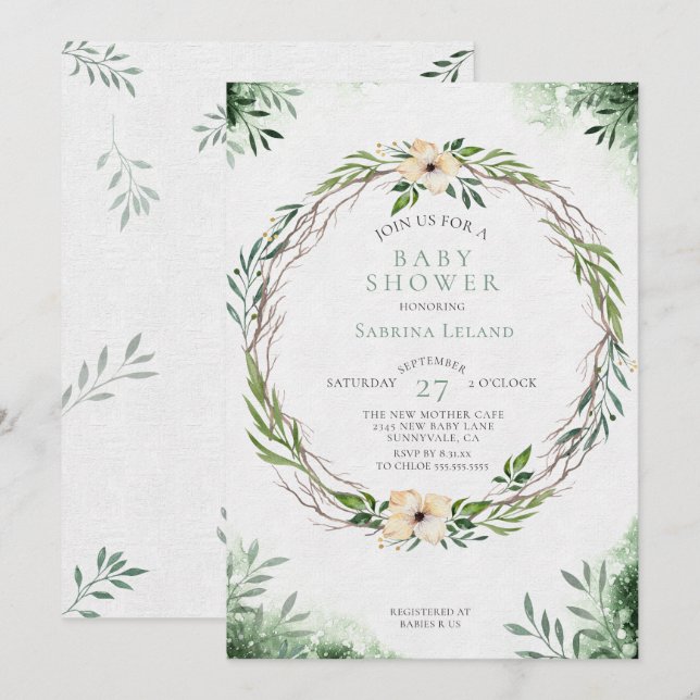 Invitation Aquarelle Baby shower Verdure couronne (Devant / Derrière)
