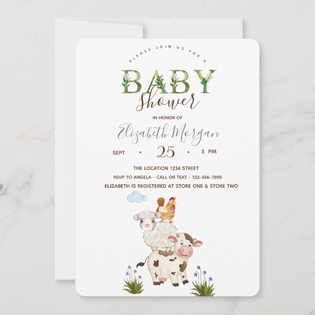 Invitation Aquarelle Baby shower Whimsical Farm Animaux (Devant)
