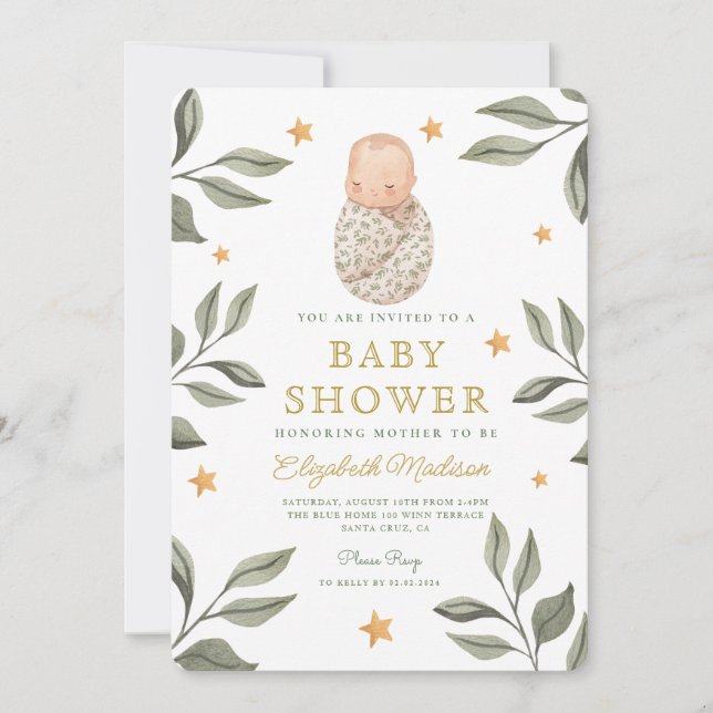 Invitation Aquarelle Baby Stars Baby shower verdoyant (Devant)