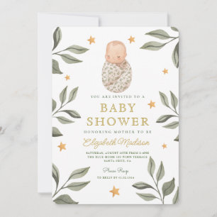 Invitation Aquarelle Baby Stars Baby shower verdoyant