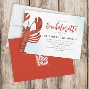 Invitation Aquarelle Bachelorette Party Rouge Homard QR Code