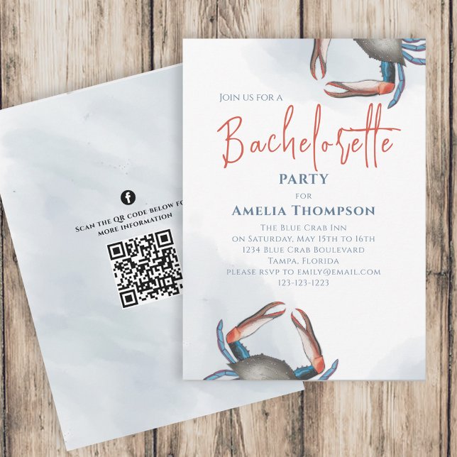 Invitation Aquarelle Bachelortie Parti Crabe Bleu Code QR (Créateur téléchargé)