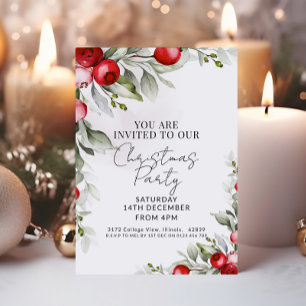 Invitation Aquarelle Baies rouges Fête de Noël verte