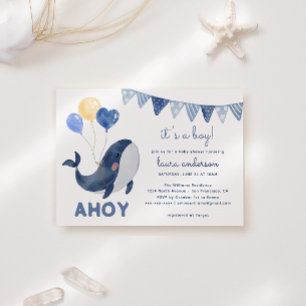 Invitation Aquarelle Baleines Ahoy c'est un Baby shower garço
