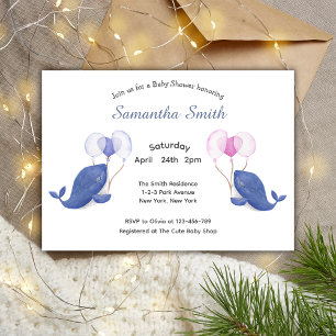 Invitation Aquarelle Baleines avec Baby shower ballons
