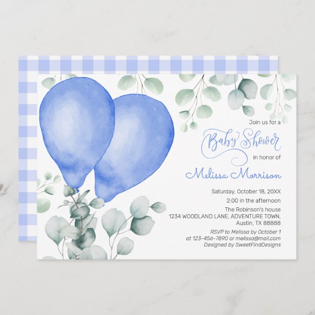 Invitation Aquarelle Ballons bleu Cute En vichy Baby shower (Devant / Derrière)