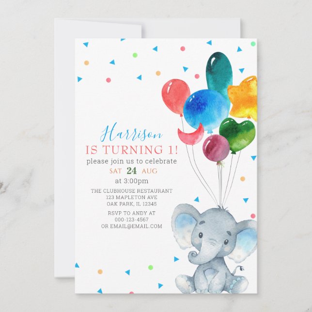 Invitation Aquarelle Ballons Bleu Eléphant 1er anniversaire  (Devant)