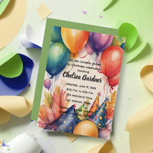 Invitation Aquarelle Ballons d'anniversaire Casquettes de fêt