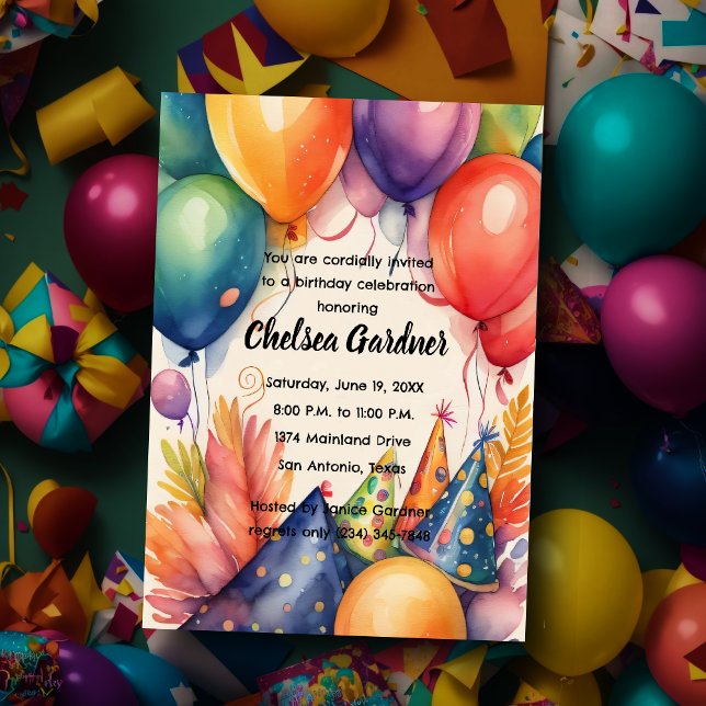 Invitation Aquarelle Ballons d'anniversaire Casquettes de fêt (Créateur téléchargé)