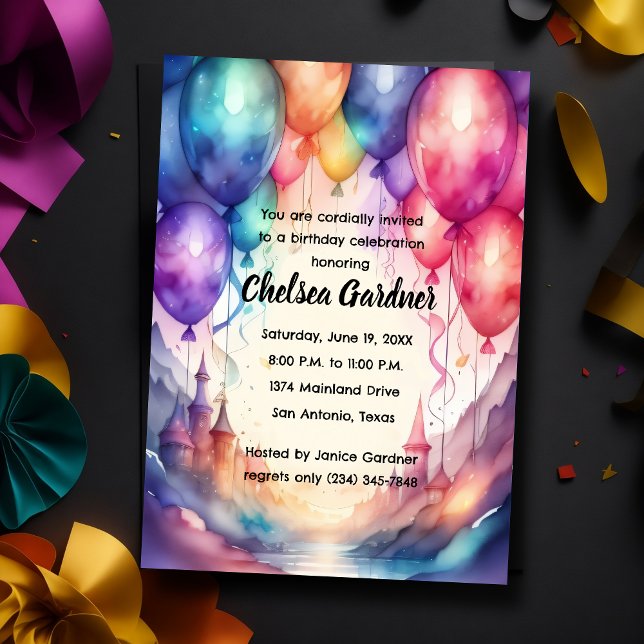Invitation Aquarelle Ballons d'anniversaire Château coloré (Créateur téléchargé)