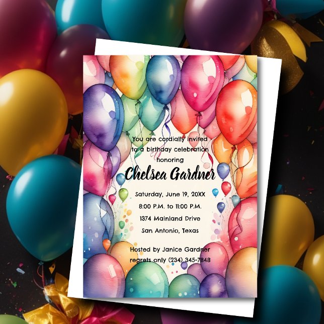 Invitation Aquarelle Ballons d'anniversaire coloré (Créateur téléchargé)