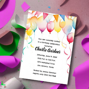 Invitation Aquarelle Ballons d'anniversaire coloré