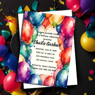 Invitation Aquarelle Ballons d'anniversaire coloré